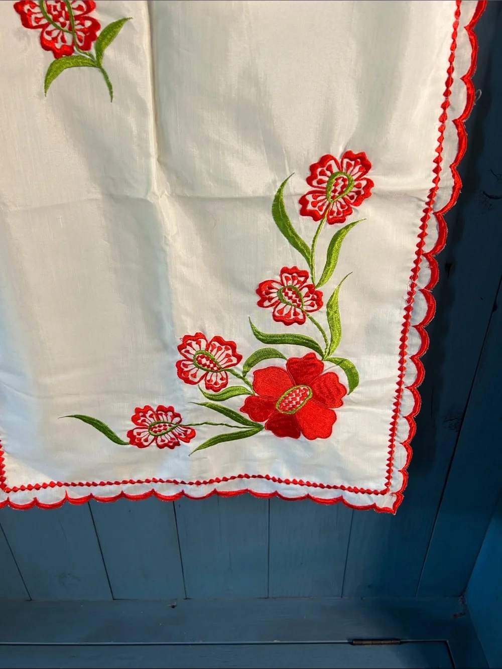 Hand Crafted Embroidered Floral Pillow Sham in Red, Green and Cream | 18x27”